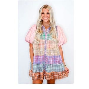 Queen of Sparkles - Plaid Poof Sleeve Sequin Tiered Dress
